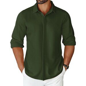 Mens Green Long Sleeve Wrinkle Free Shirt Casual Button Down Shirt Dress